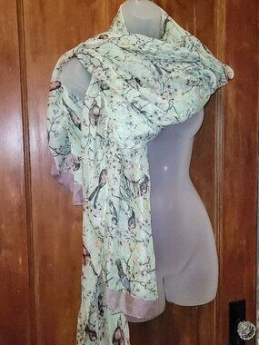 Floral wrap scarf with satin edging with aqua accents & birds